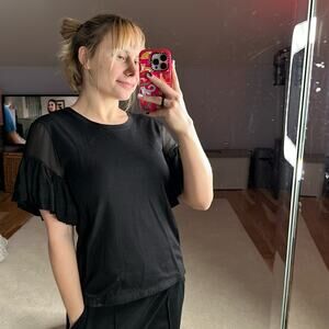 Anthropologie: Black Ruffle Sleeve Front Pocket Tee Shirt Blouse